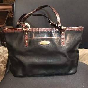 BRAHMIN BLACK PURSE TRIMMED IN BROWN CROC LEATHER